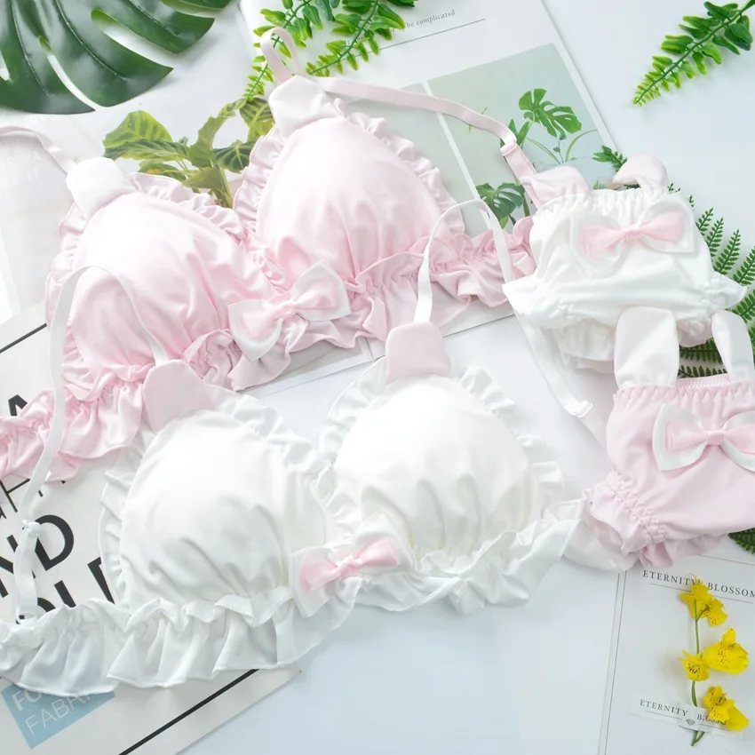 Underwear Set Japanese Lolita Kawaii Bow Ruffle White Sexy Female Cute Rabbit Ears Lingerie Women's Bra & Panties Set Bras