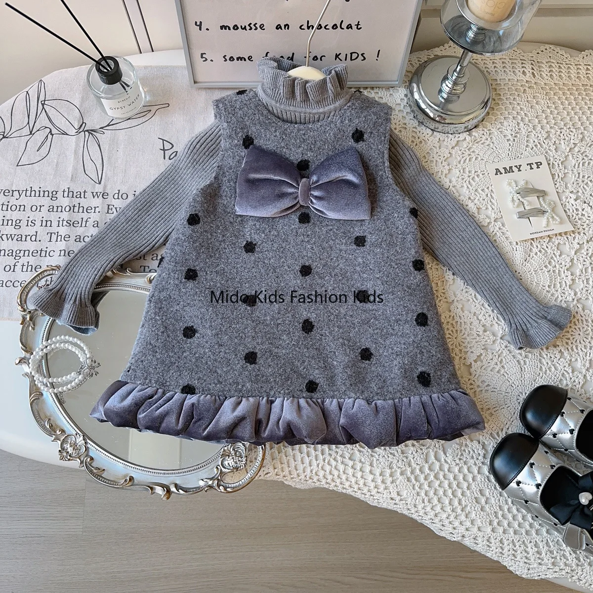 

Winter 1-12Y girls vest dress 2025 new thickened jacket cotton polka dot warm sleeveless lace dress 90-140cm