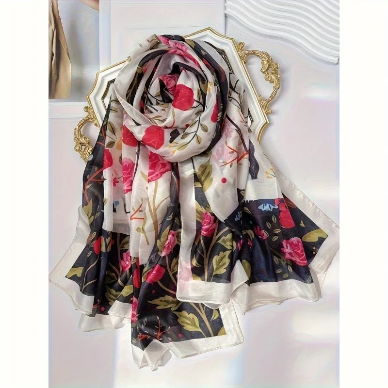 

Lightweight 100% Mulberry Silk Scarf for Women Oblong Shawl Neck Scarf Beach Wrap Headscarf Gift Pack Off White Floral Print