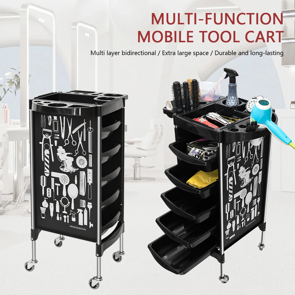 Salon Trolley Storage Cart with Hair Dryer Holders Wheels Mobile Salon Equipment for Beauty SPA Tattoo