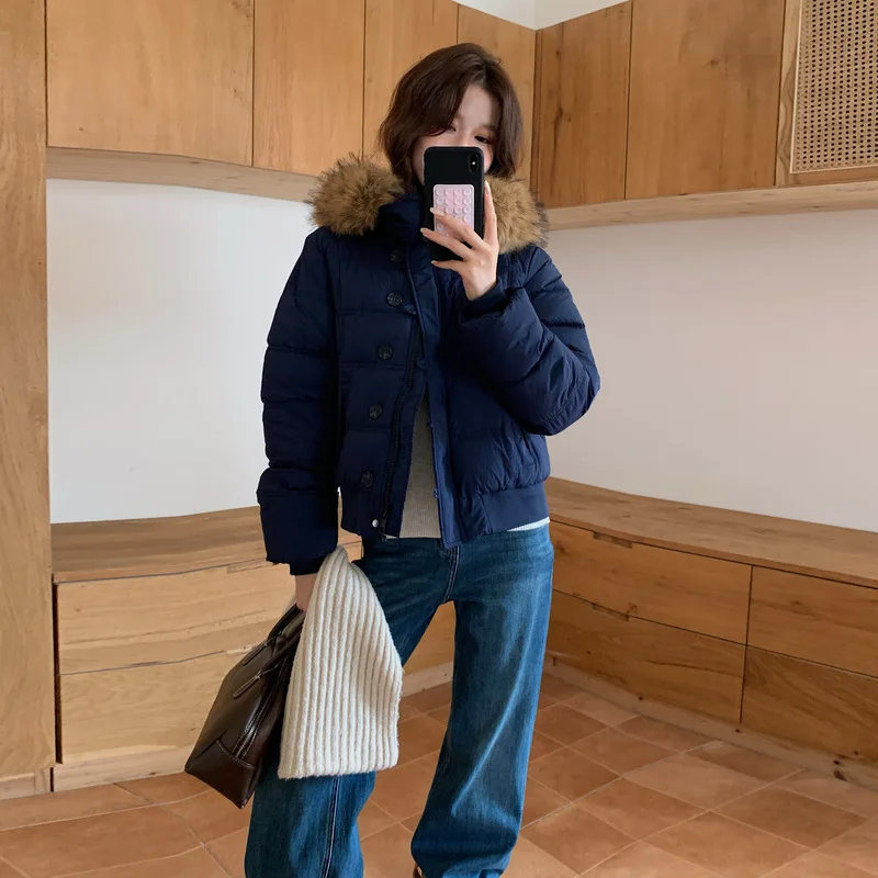 Women Parkas Coat Short Solid Jacket Big Fur Collar Hooded Zipper Pocket Long Sleeves Thick Loose Office Lady Casual 2025 Winter