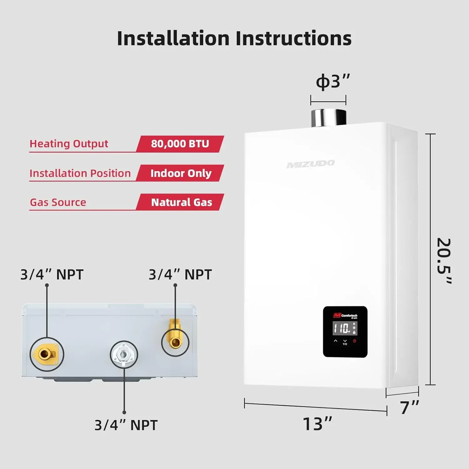 MIZUDO 가스 탱크리스 온수기, 실내 설치 순간 온수기, 최대 3.6 GPM 80,000 BTU