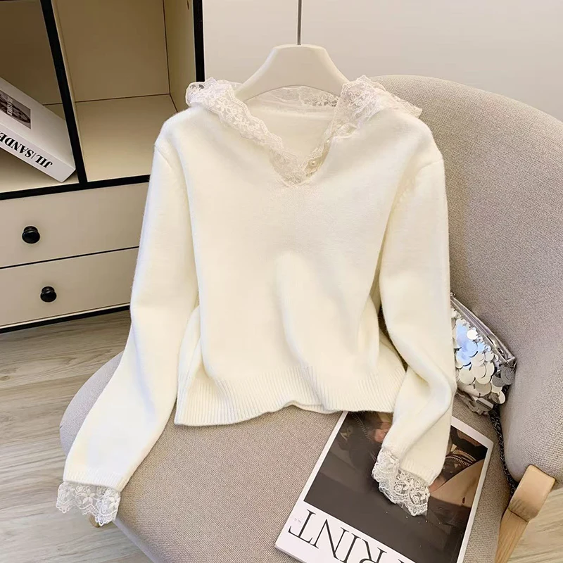 Renda com capuz camisola de malha feminina manga longa chique pérola botão pullovers preppy doce casual estudante retalhos malhas jumpers