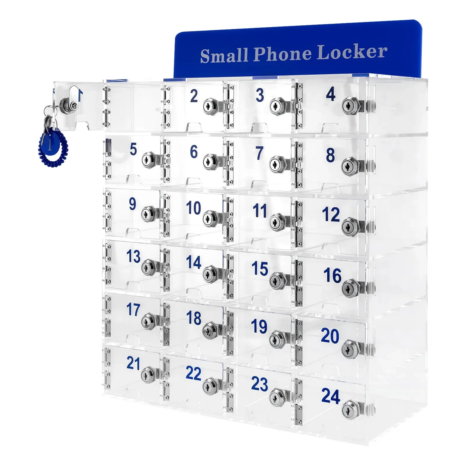투명 아크릴 잠금식 휴대폰 충전 스테이션 - 도어가 있는 24슬롯 보관 정리함 캐비닛(16"x12"x5")