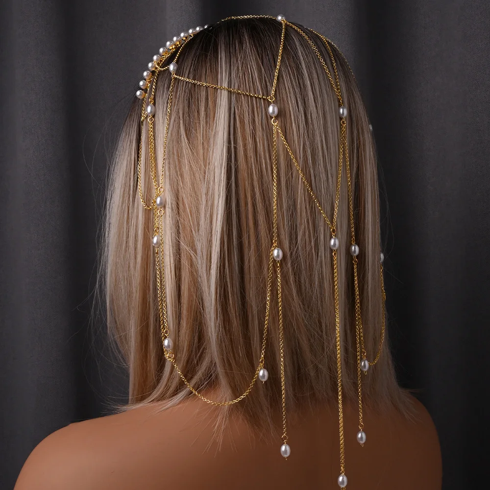 

Boho Tassel Mesh Hair Chain Backhead Vintage Silver Pearl Head Chain Women Bridal Hollow Headpiece Jewelry