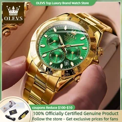 Original OLEVS Automatic Mechanical Watch for Men Chronograph Multifunctional Dial Golden Green Luxury Mature Male Watches 6638