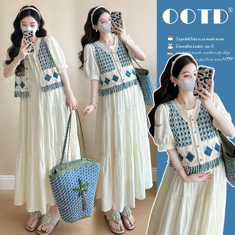 

Korean Style Maternity Dress Summer New Crochet Vest with Inner Dress Set Youthful Two Piece Outfit for Pregnant Women