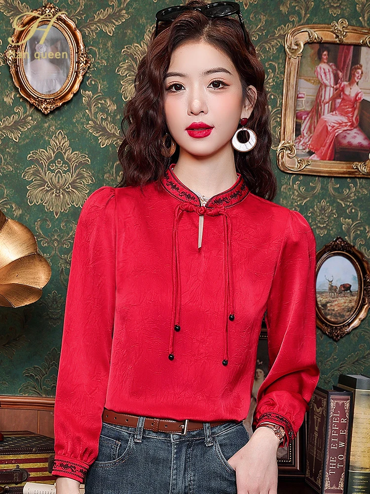 H Han Queen New Arrival 2024 Women\'s Elegant Blouse Vintage Casual Tops Chiffon Blouse Loose Long Sleeve Shirts Spring Simple