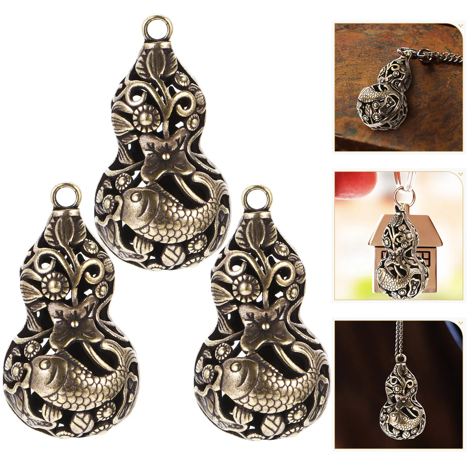 

3Pcs Brass Gourd Pendants Retro Hollow Charm DIY Jewelry Making Supplies Gourd Key Chain Pendant Charms for Bag Decor Necklace
