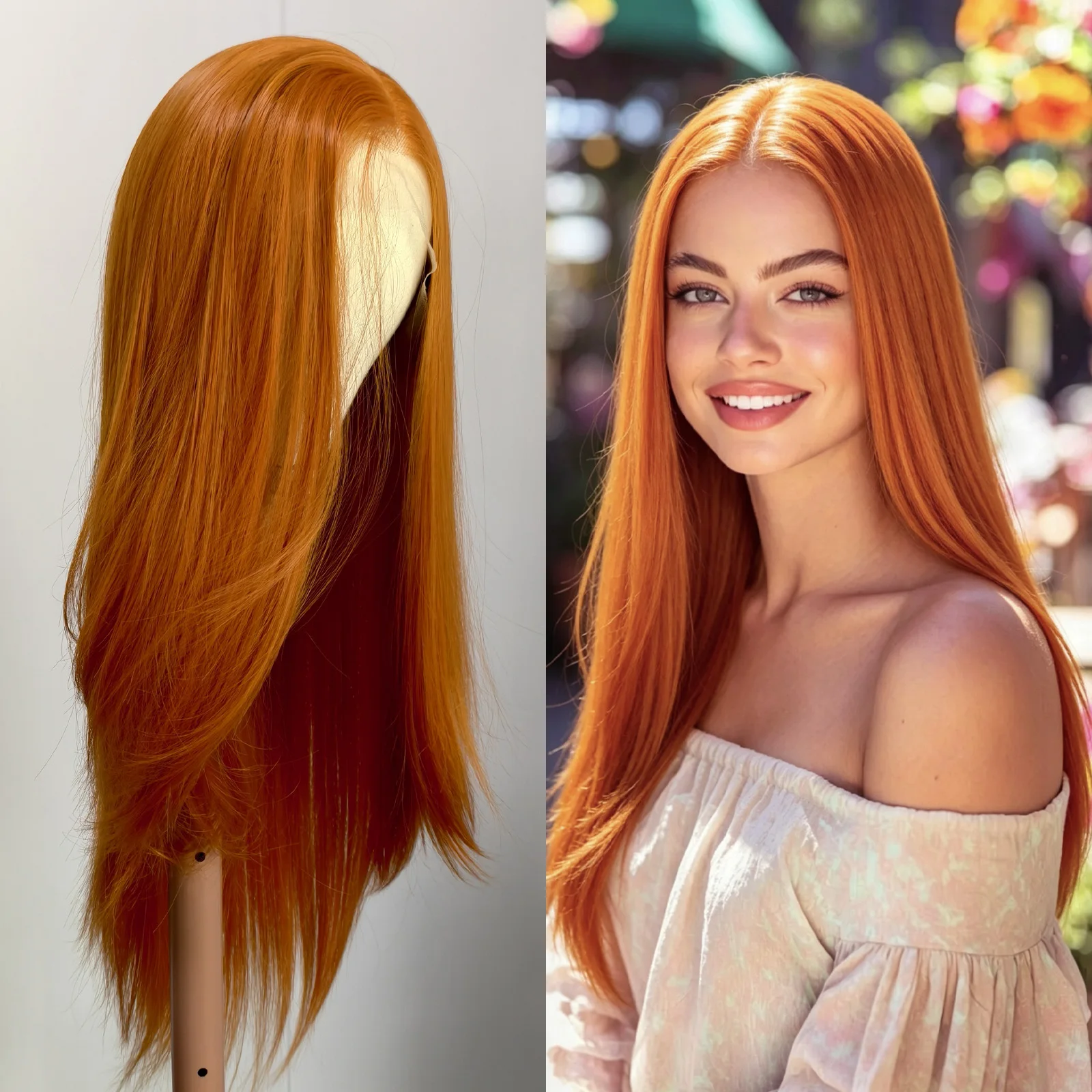 Ingwerfarbene Lace-Front-Perücke mit natürlichem Haaransatz, vorgezupft, klebefrei, synthetische Lace-Front-Perücke 13x4, glatte orangefarbene Perücke für Frauen