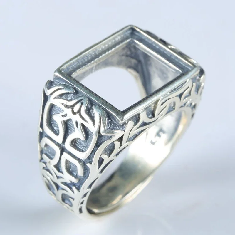 آرت ديكو فضة 925 خاتم الخطوبة والزواج 10.5X13.5 مللي متر الأميرة كابوشون شبه جبل إعداد المجوهرات مفتوحة/قابل للتعديل