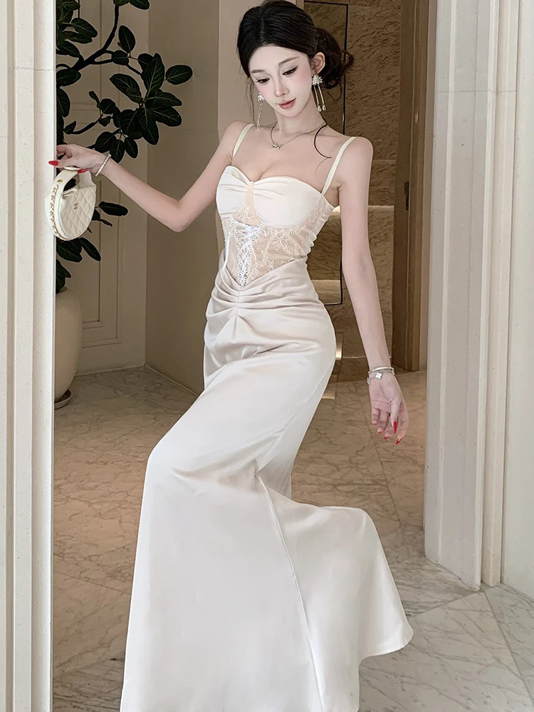 Spring Autumn Fashion Satin Patchwork Lace Sling Long Dress 2025 Korean Bodycon Hip Wrap Dress Women Elegant Luxury Night Dress