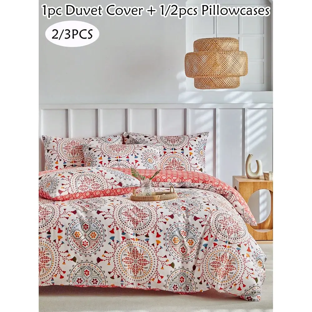 

3pcs Retro Pattern Red Printed Polyester Duvet Cover Set, Bohemian Style Bedding Set Suitable For All Seasons, Soft Breathable,