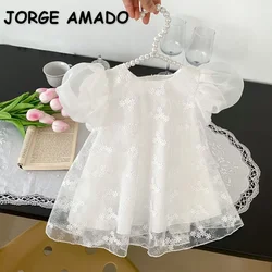 New Summer Infant Baby Girls Dresses Round Collar Short Sleeves Solid Color Lace White Princess Dresses H7009
