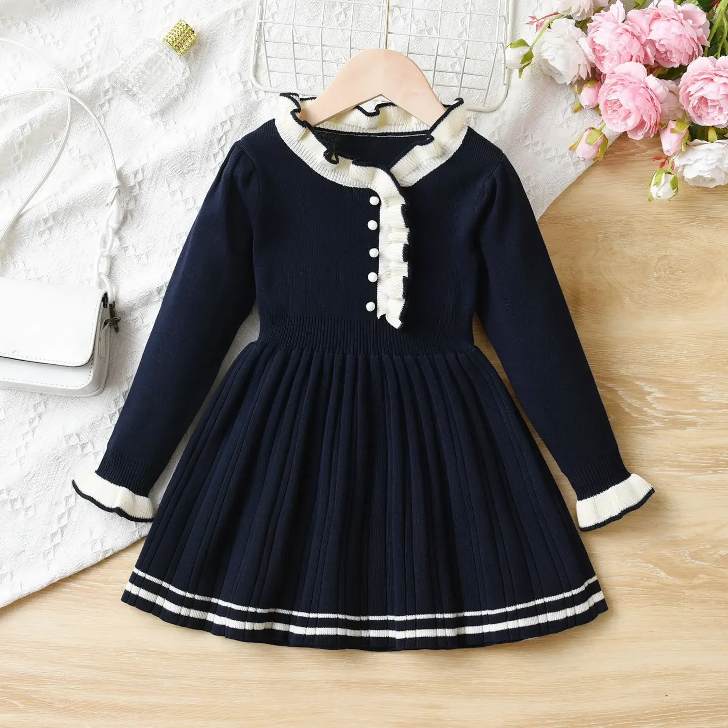 2026 Autumn Winter Girls Knitted Dress Ruffle Lace Princess Dress Crew Neck Preppy Style Cute Kids Sweater Dress