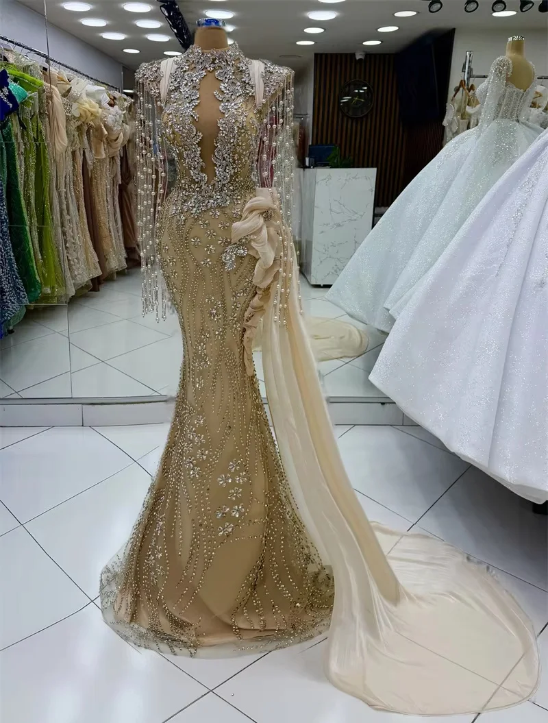 Champagne Long Middle Eastern Evening Dresses Luxury Beaded Saudi Arabia Dubai Robe De Soiree Prom Dress Gown Customized