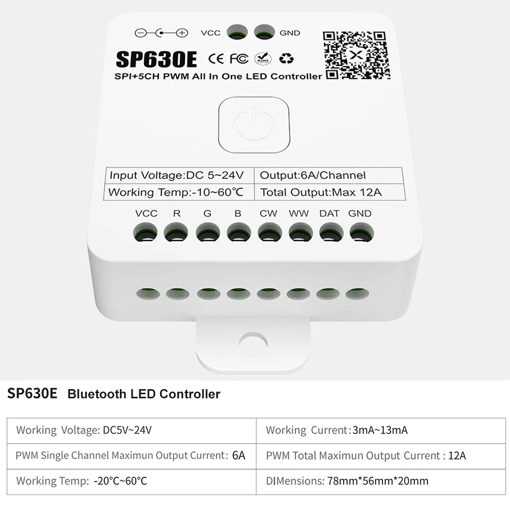 SP630E Bluetooth 5in1 LED Controller SPI PWM 5050 3528 FCOB DIM/CCT/RGB/RGBW/RGBCCT 2.4G Remote Control Touch Panel Control