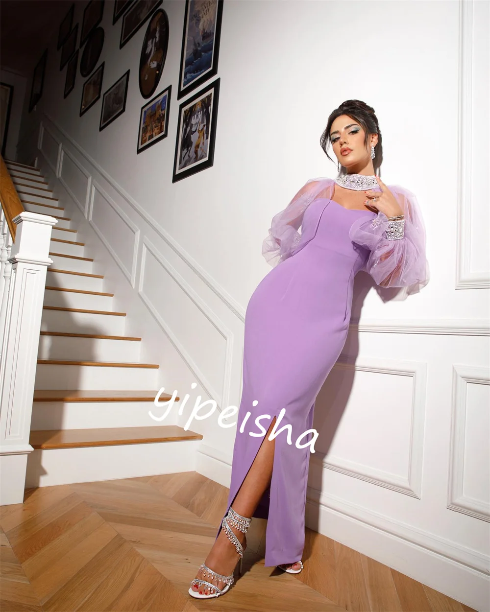      Jersey Beading Engagement A-line High Collar Bespoke Occasion Gown Midi es