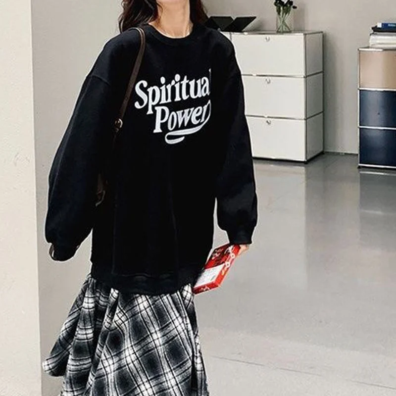 

Nice Oversized Autumn Winter New Fake Two Pieces Plaid Patchwork Sweatshirts Dresses Printing Letter O-neck Loose Casual Dresses