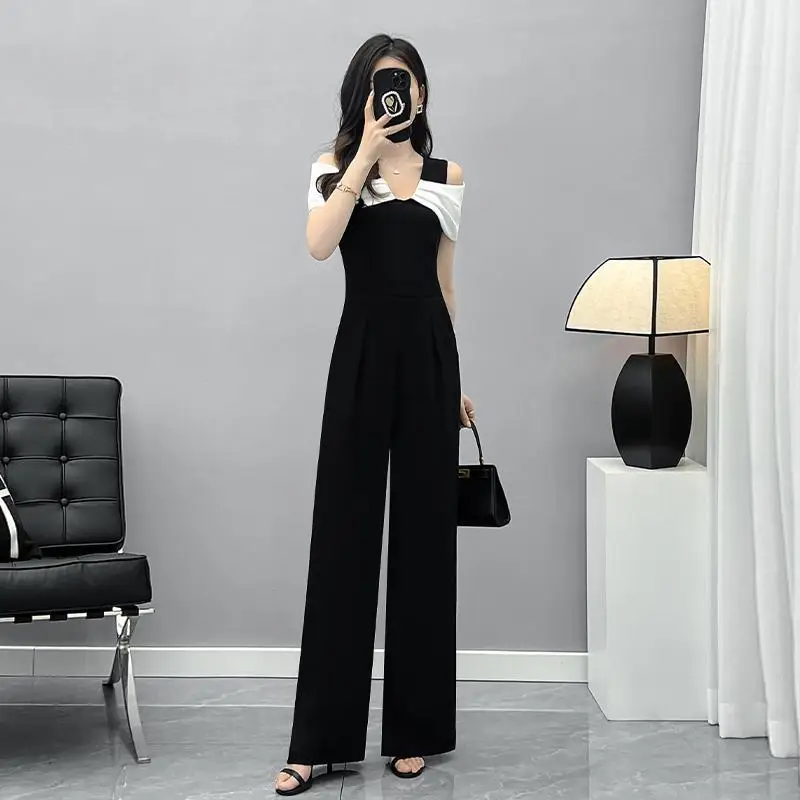 

Black Casual Wide Leg Off Shoulder V Neck Jumpsuit Set Women Color Block Dress