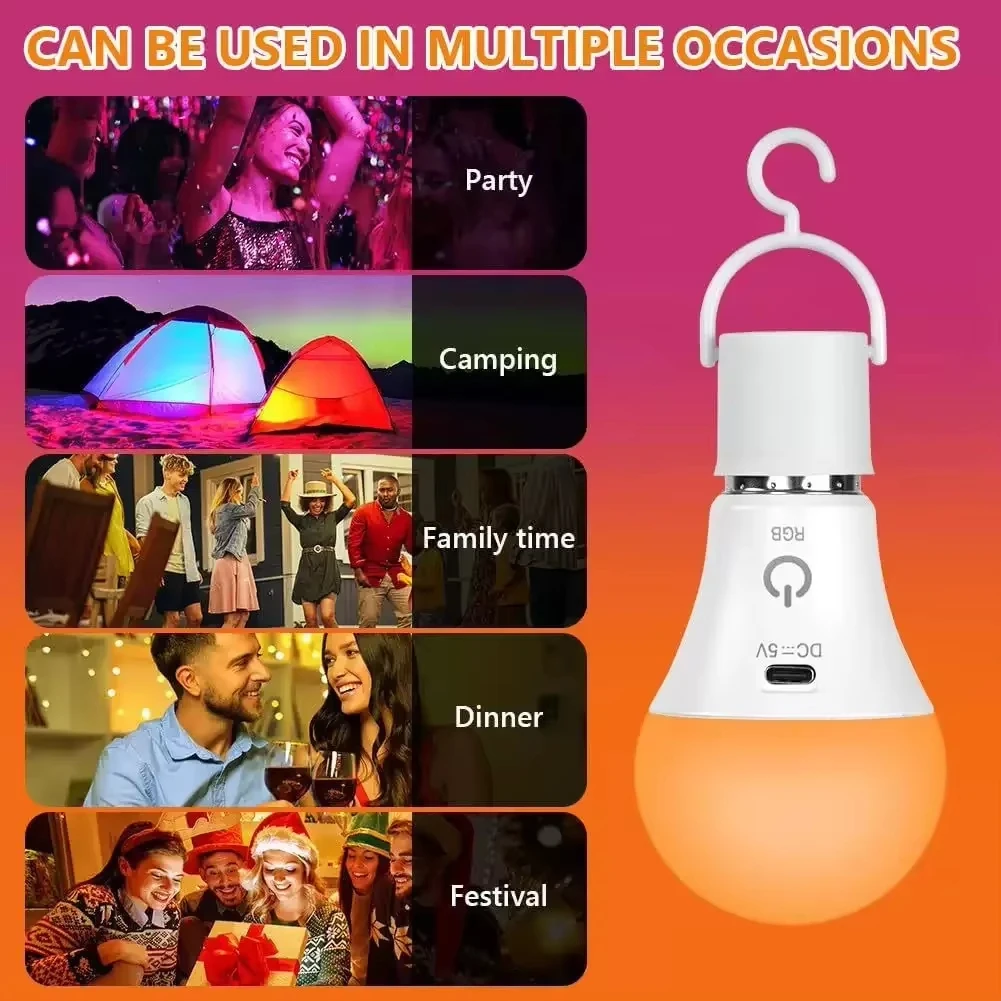 Rechargeable Light Bulb RGB color USB Led Bulb Smart Bulb Dimmable E27 Bulbs with Timing Cordless Battery Operated Light Bulb