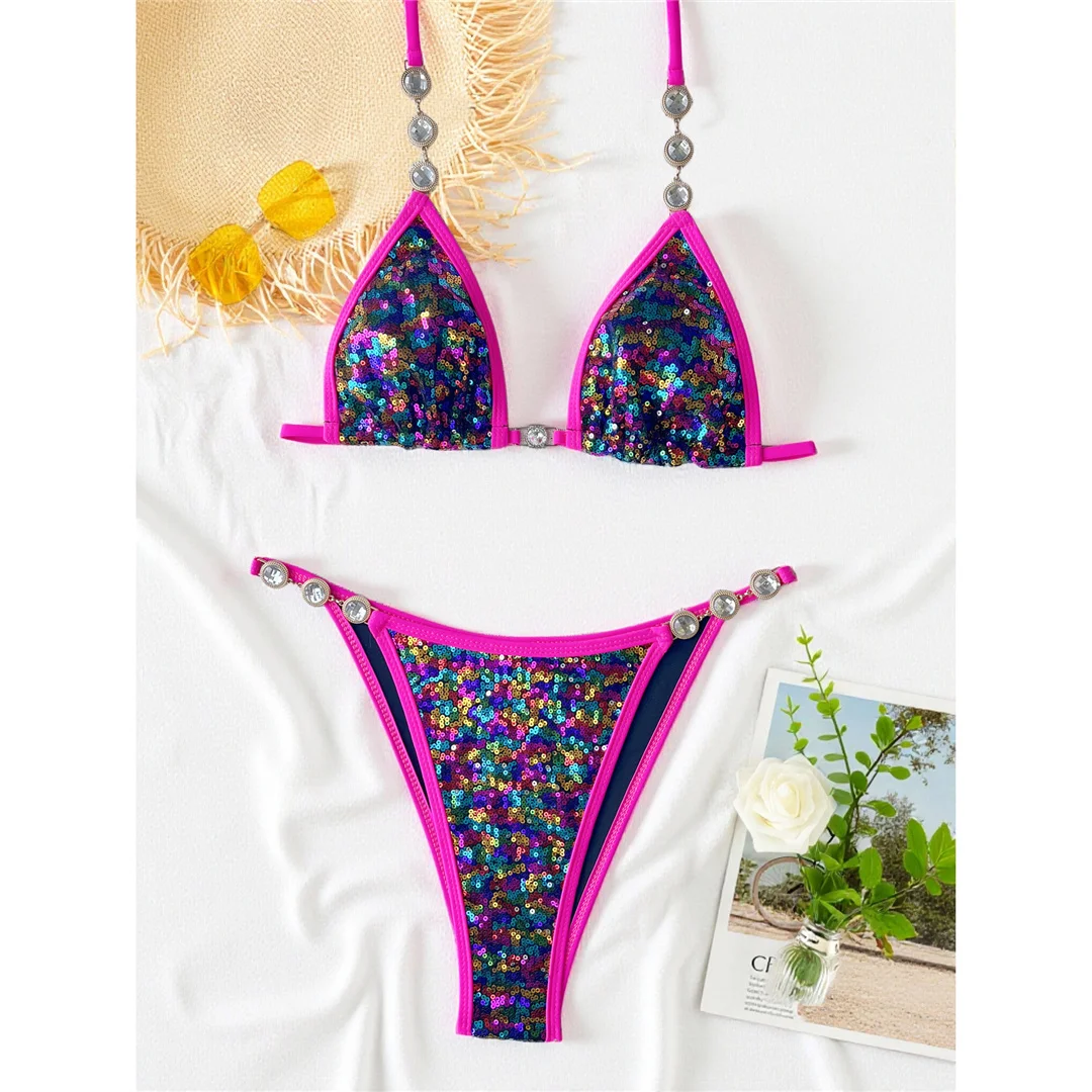 S - XL Neuer Bikini mit Pailletten und Strasssteinen, Neckholder-Bikini, Damen-Badeanzug, zweiteiliges Bikini-Set, Badebekleidung, Badeanzug, Modell V8359 – Detail 5