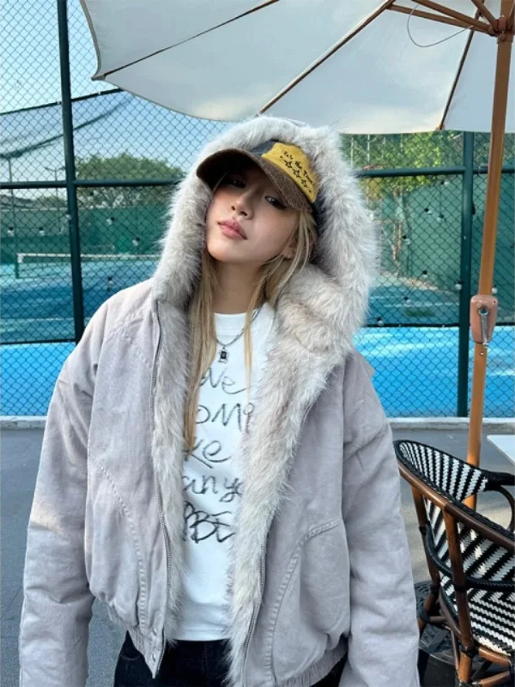 Winter American Retro Fur Collar Hooded Jacket Women Y2K Streetwear Velvet Thickened Warm Harajuku Loose Casual Jacket 2025 New