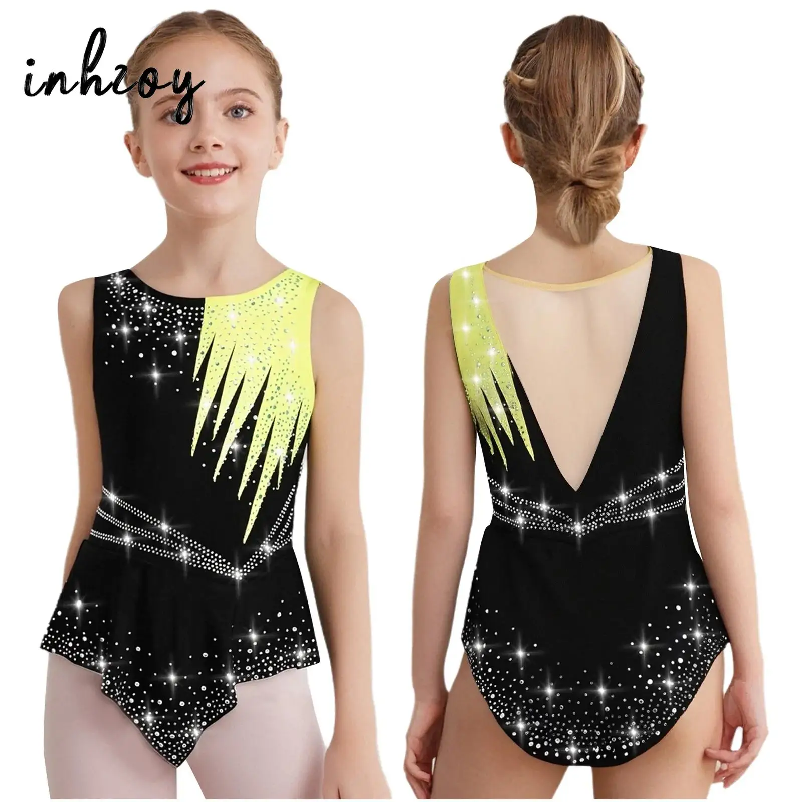 

Детский купальник для балета и гимнастики для девочек, боди со стразами и прозрачными сетчатыми рукавами для танцевальных соревнований, танцевальная одежда