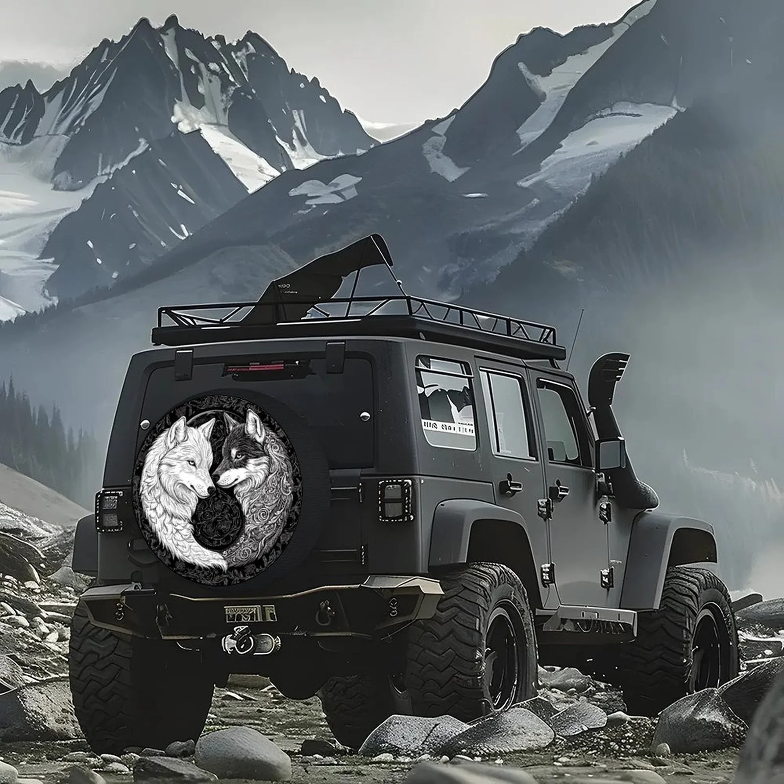 Wolf Yin Yang Tire Cover Wheel - Fit For Cars, Black/White/Gray Wheel Hub Caps - Chinese Martial Rts Inspired Design With Yin-Ya