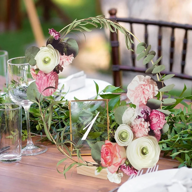 10 Packs 10 Inch Metal Floral Hoop Centerpiece With 10 Packs Wood Place Card Holders, Gold Hoop Centerpieces For Table Durable