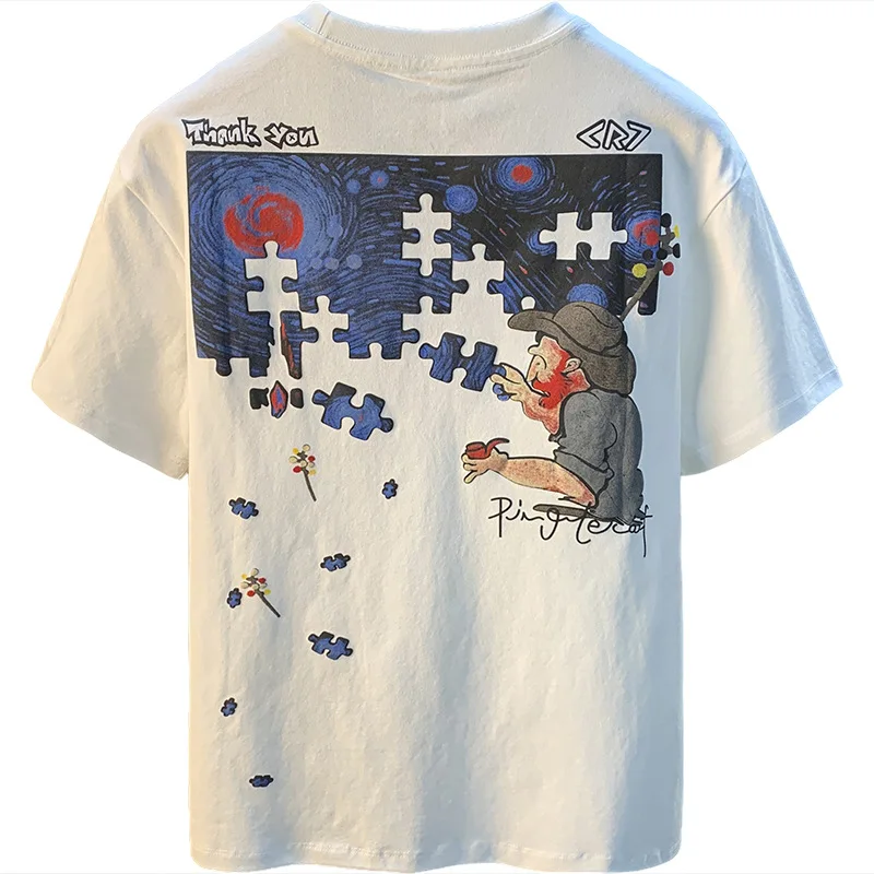 Fashionable men's T-shirt trend abstract artistic print summer loose combed cotton comfortable short sleeved top