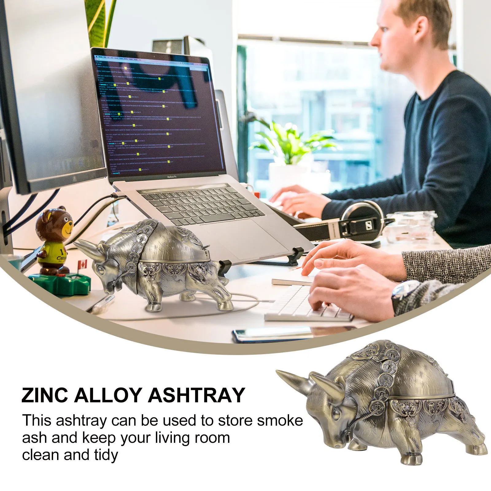 

1pc Windproof Ashtray Zinc Alloy Cattle Shaped Creative Desktop Decoration Cigarette Ash Container For Home Office Use