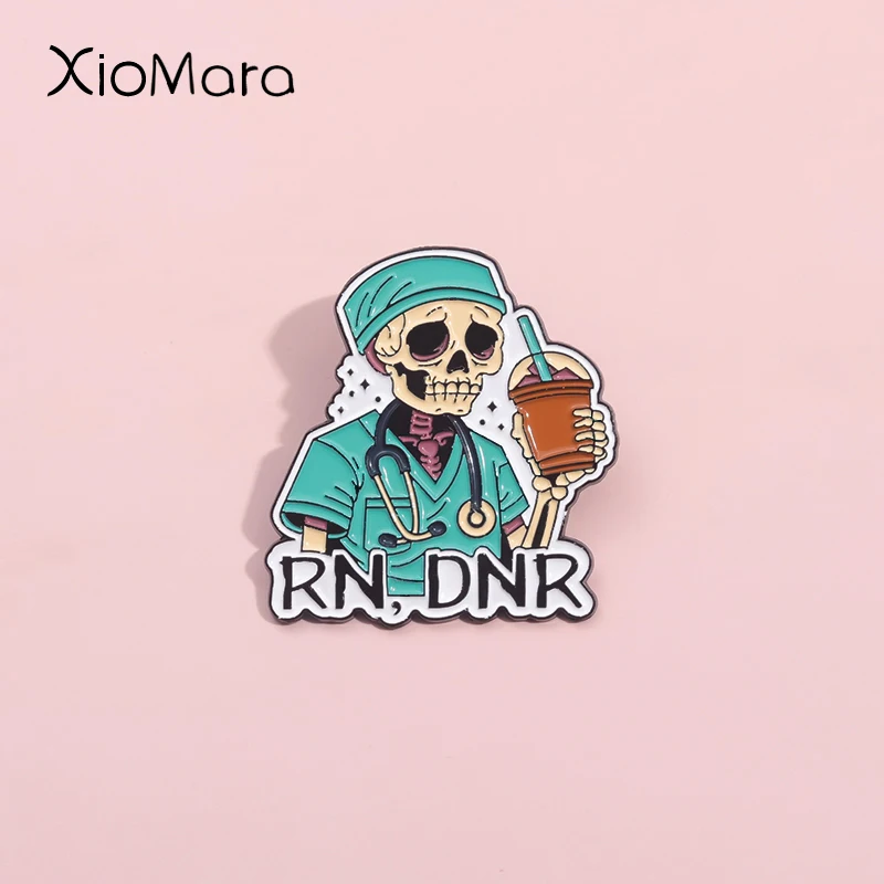 RN DNR Iced American Coffee Skull Enamel Pins Surgical Stethoscope Brooches Lapel Badges Punk Jewelry Gift For Best Friends