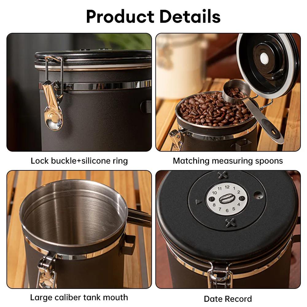 1.2/1.5/1.8L Stainless Steel Coffee Bean Can Large Capacity Coffee Storage Container Sealing Coffee Filling Food Storage Contain