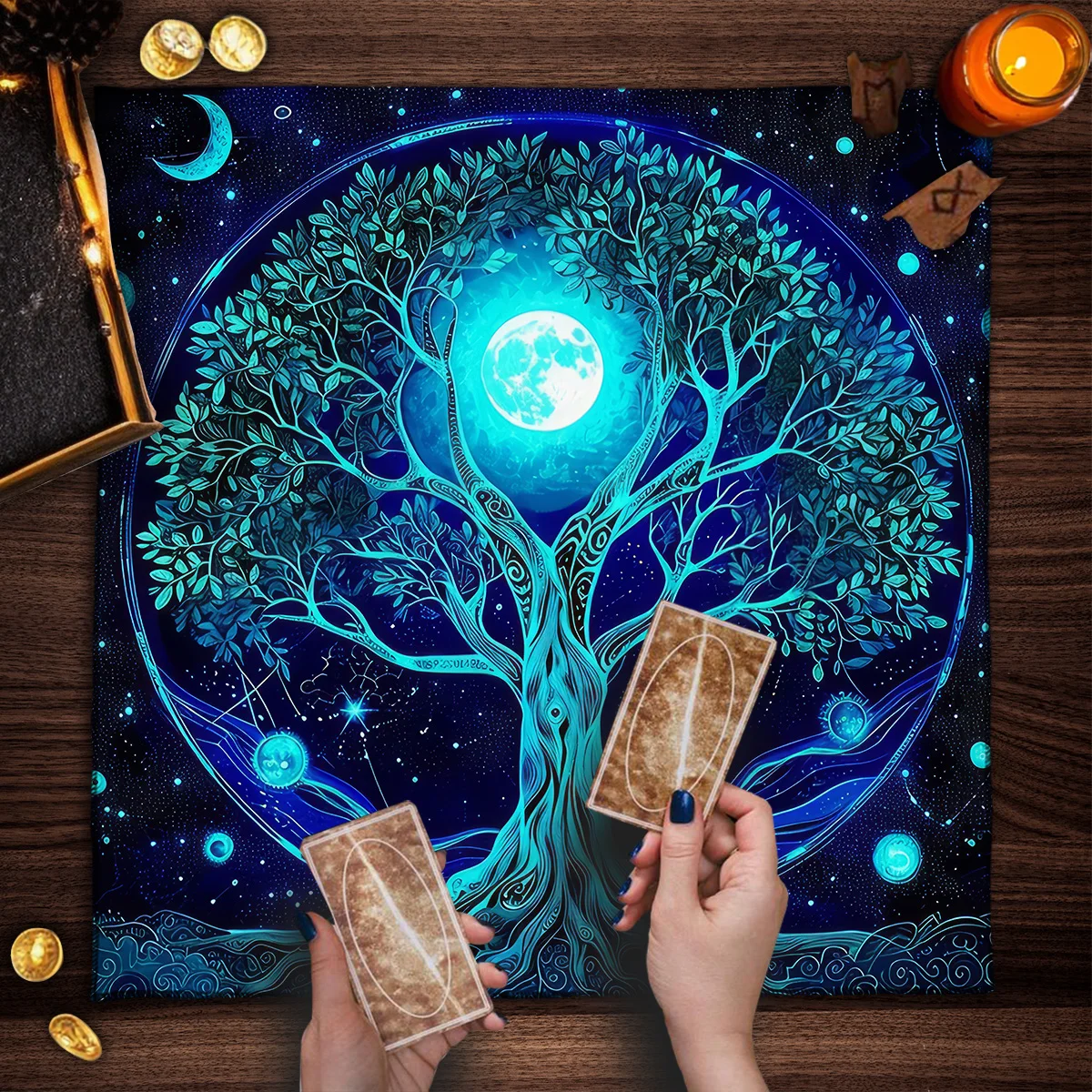 Tarots Tablecloth Blue Tree Of Life Altar Cloth Witchcraft Astrology Oracle Cards Pads Board Game Card Pad Decor Home Decor