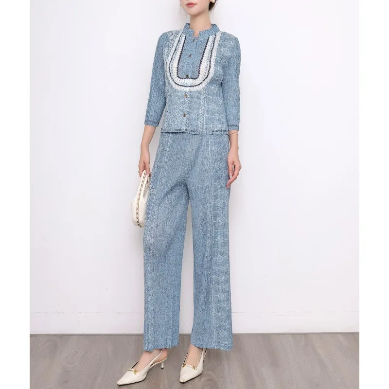 

2026 Spring New Top Miyake Pleated Long-Sleeve T-Shirt Straight Pants 2-Piece Set Women Wrinkle-Free Stretchy Office Wear