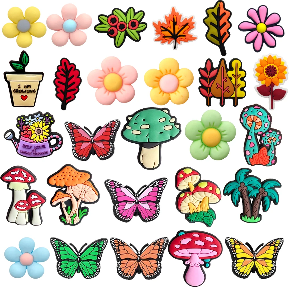 1Pc Butterfly Shoe Charms Girl Mushroom Maple Leaf Clog Accessories 5 Petal Flower Sandals Decorations Pins Favor