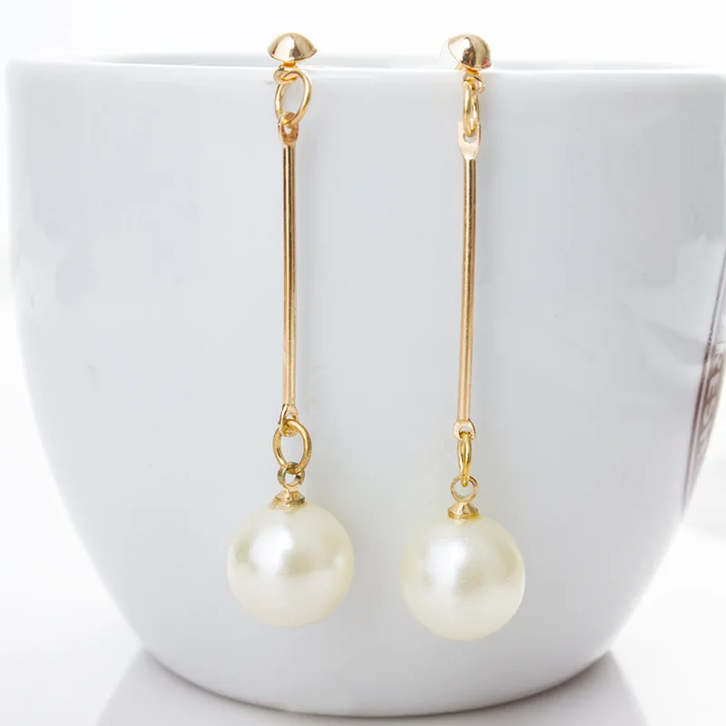 Korean White Pearl Long Dangle Earrings for Women Simple Tassel Round Imitation Pearl Ear Jewelry Valentine\'s Day Gift