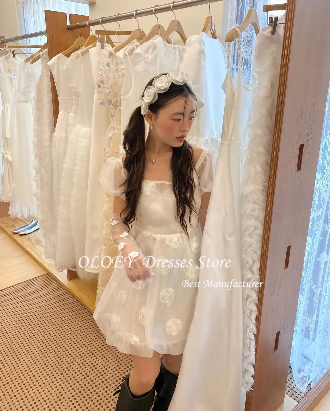 OLOEY Marfim A Linha Mangas Doces Mini Vestido de Festa de Casamento Gola Quadrada Coreia Sessão de Fotos Vestido de Noiva Personalizado nnetzo