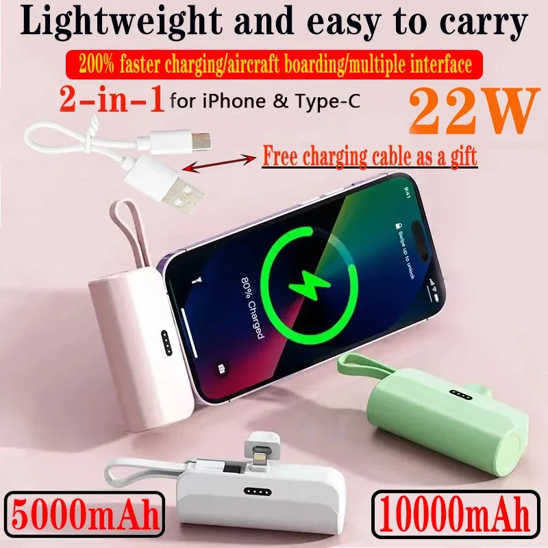 

Mini Power Bank 10000mAh Portable Mobile Phone Charger External Battery Power Bank Plug Play Type-C For IPhone Samsung Huawei