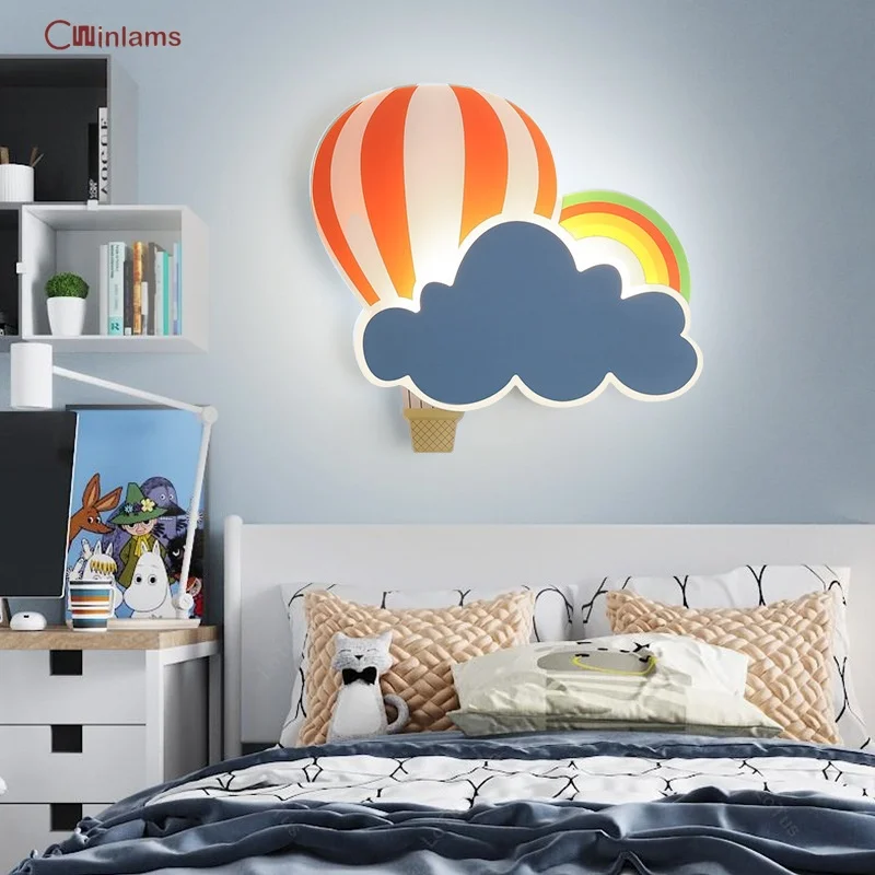 lampada de parede led criativa nordica para quarto de crianca cama quente nuvem balao de ar quente desenhos animados arco iris quarto 01