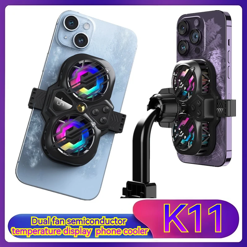 

Кулер для мобильного телефона K11 с двойным вентилятором и полупроводником, цифровым считыванием температуры, 3-управление скоростью, радиатором с RGB-подсветкой