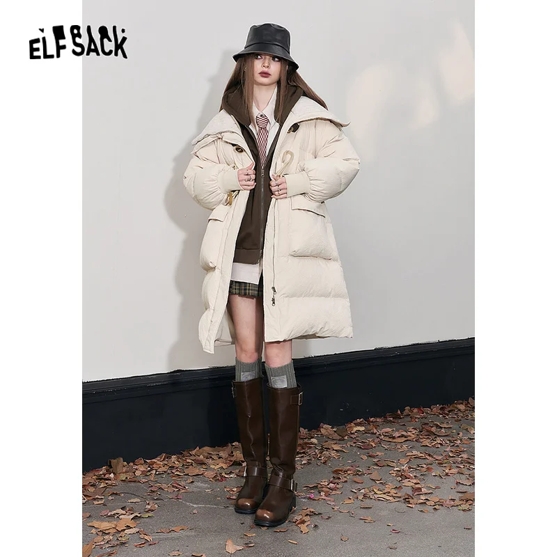 ELFSACK Kwaii Down Coats Women 2023 Winter New Korean Fashion Mid-length Outwears