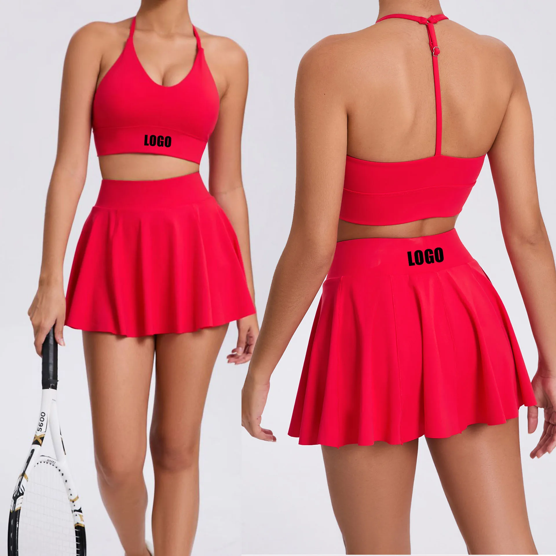 

Женский повседневный бюстгальтер с индивидуальным логотипом, короткая юбка с карманами для бега, спорта, фитнеса, дышащий костюм для йоги, тенниса, комплект из двух предметов