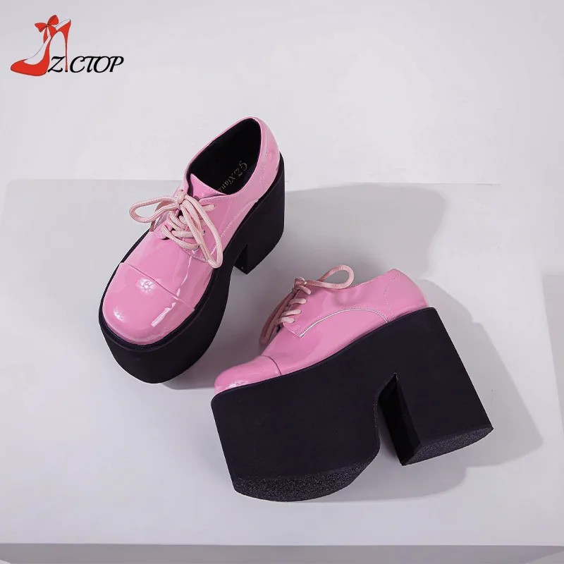 Super High Heels Chunky Platform Pumps Women Patent Leather Lace Up Gothic Punk Pink Mary Jane Lolita Cosplay Shoes Big Size 42