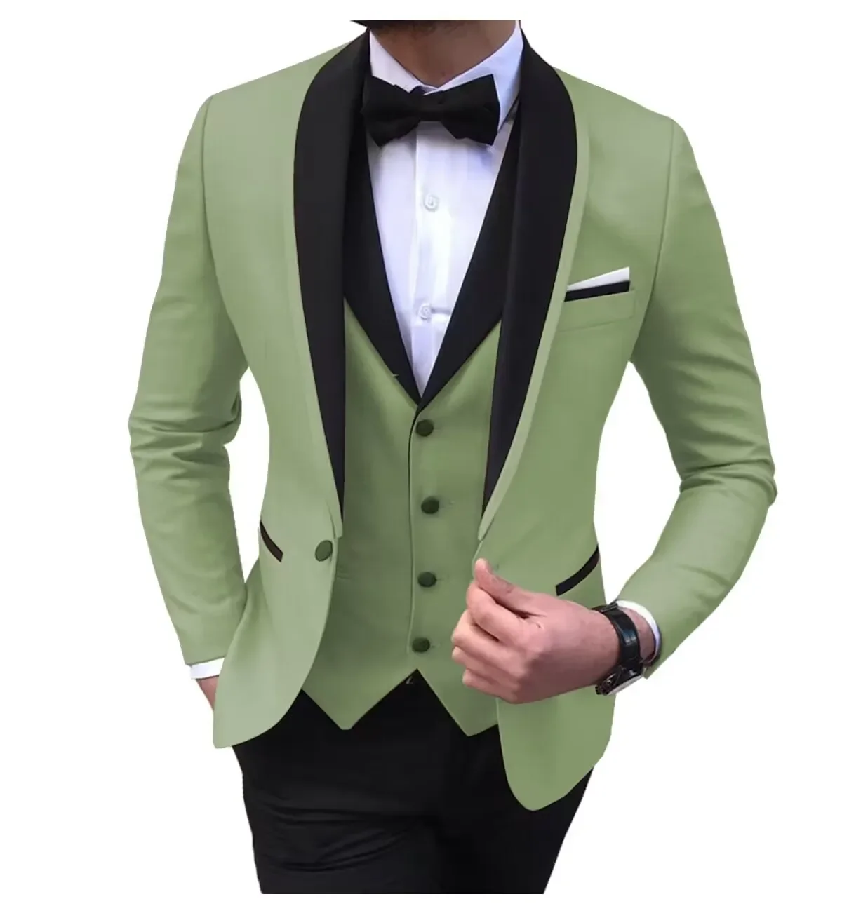 Solid Men\'s 3 Pieces Wedding Suit One Button Shawl Lapel Jacket Vest Pants Dinner Groom Tuxedos Slim Fit Formal Business Suits