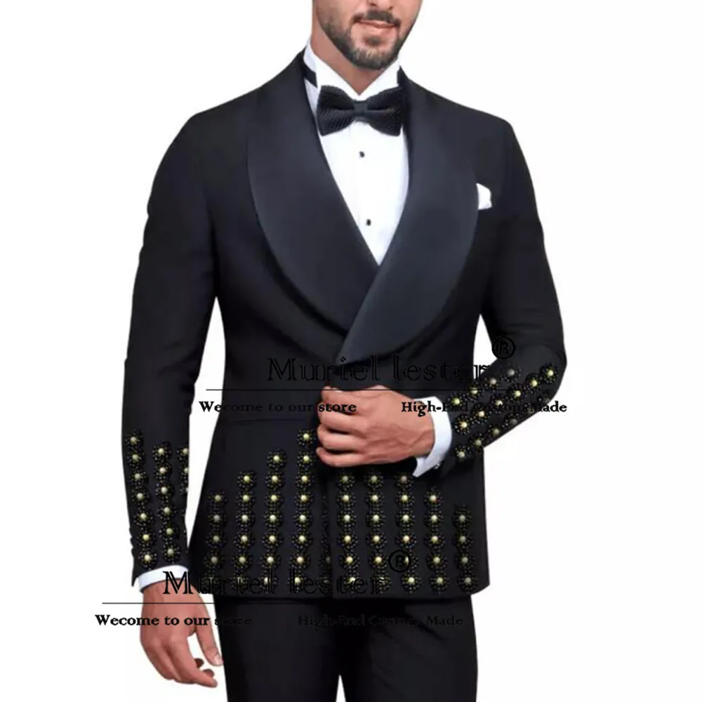 

Мужской костюм ручной работы с жемчугом, приталенный двубортный пиджак для выпускного вечера, индивидуальный шаль с лацканами, свадебный смокинг для жениха, костюмы из 2 предметов для мужчин