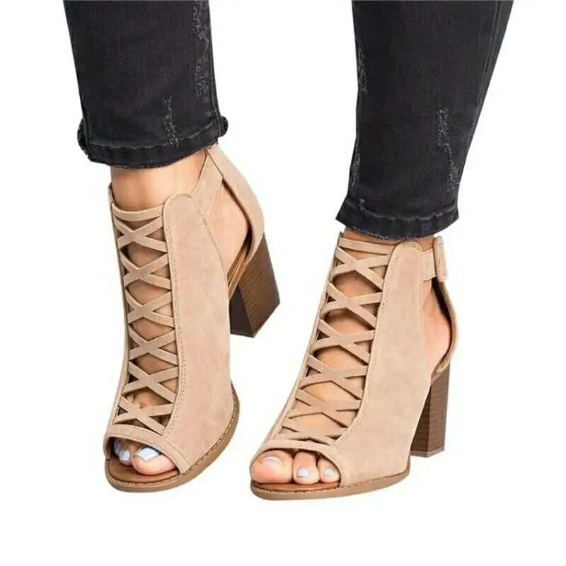 Large Size Beige Heeled Sandals Open Toe Buckle 2025 Women's Ladies Shoes Summer Big Black Block Peep New Gladiator Comfort Fash