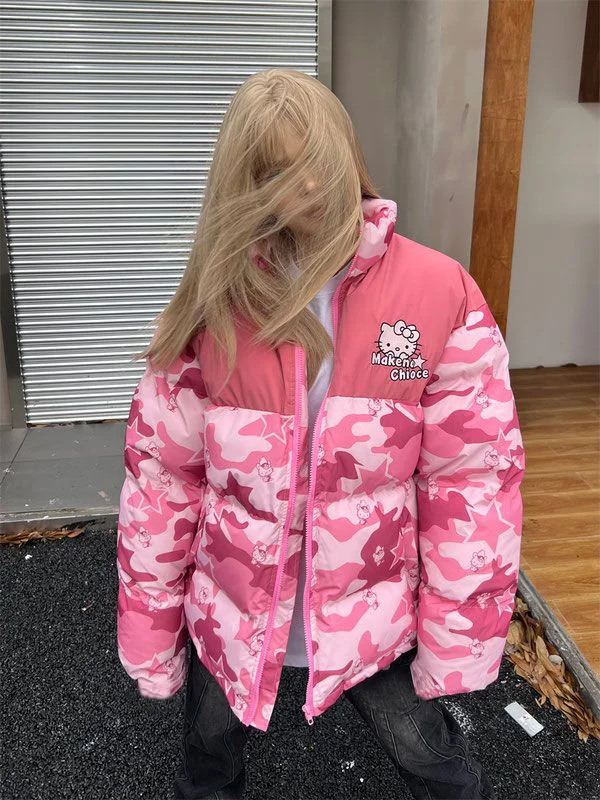 Hello Kitty Winter Cotton Padded Jackets Sanrio Woman Clothes Loose Cotton Padded Jackets Camouflage Trendy Coat Couple Gifts