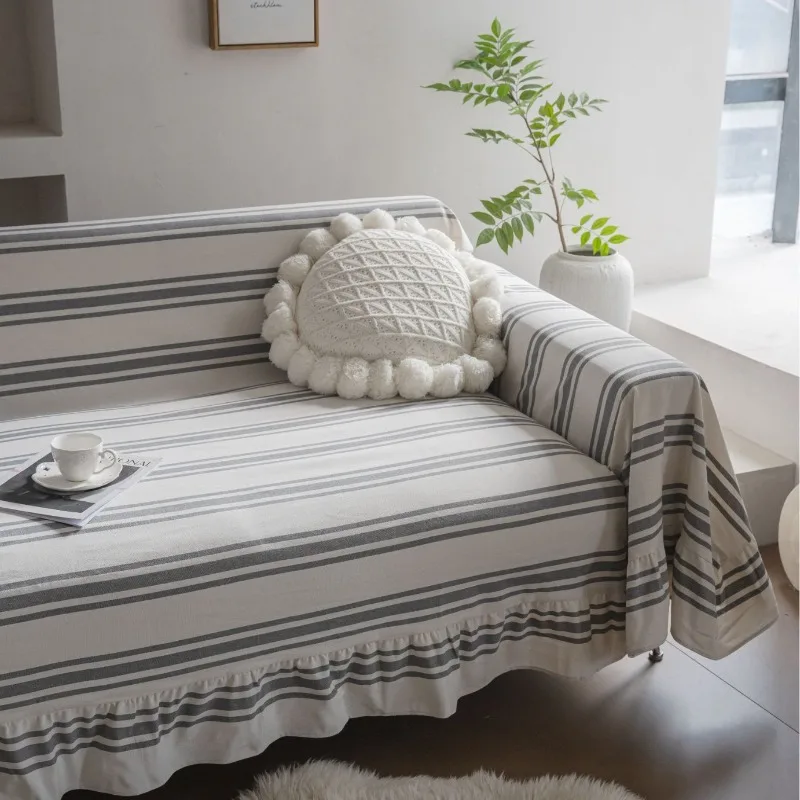 Modern Simple Sofa Cover Gray and White Striped Ruffled Edges Sofa Towel Perfect for A Stylish and Protective Home Decor